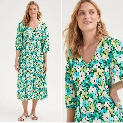 * BNWT  Blue Green Floral 3/4 Sleeve V Neck  Midi Dress Matalan           (ST85) • £15.99