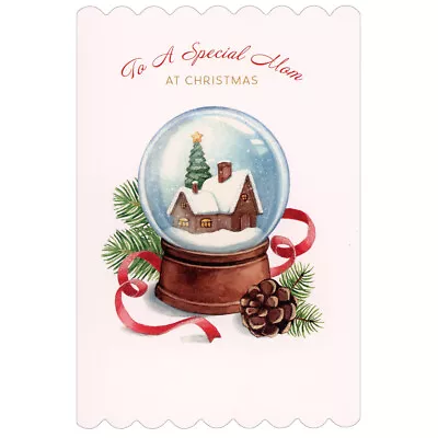 Snow Covered Home In Snow Globe Ribbon Pine Cone Die Cut Mom Christmas Card • $3.75