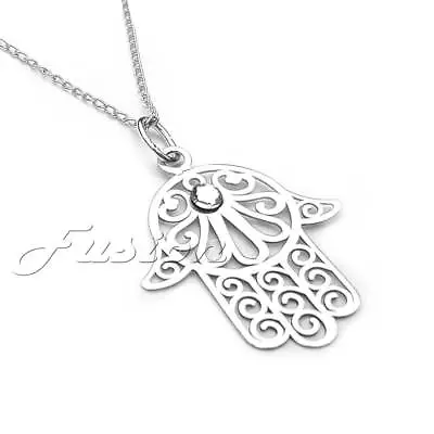 .925 Sterling Silver Hamsa Hand Filigree Pendant Necklace & Curb Chain P064 • £14.99