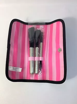 New Victoria’s Secret Make-Up Brush Set Of 3 & Black Case Iconic Stripe Pink • $14.99