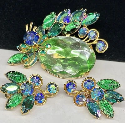 High End Brooch Earrings Set Rare Vintage Gilt Blue Green Art Glass R/S A28 • $135