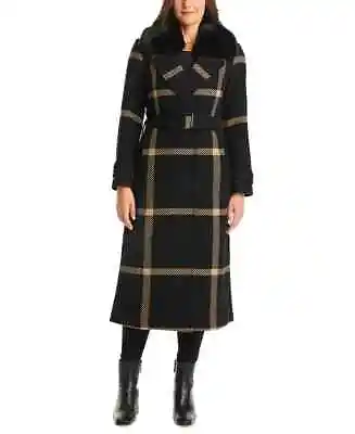 Vince Camuto B6950 Womens Black/Camel Faux-Fur Plaid Maxi Wrap Coat Size S  • $247.50