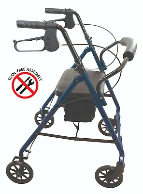Premium BLUE Rollator Rolling Medical Walker W/ Curved Back Soft Seat By Wave • $64.36