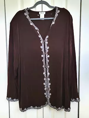 Vikki Vi 3X Brown Jacket Slinky Hook Closure Embroidered LS Vintage Shoulder Pad • $29.59