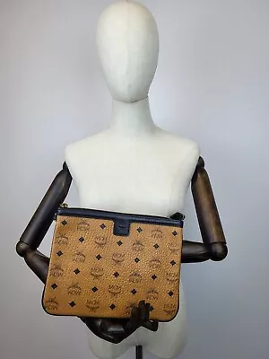 MCM Visetos Liz Shopper Tote Pouch Cognac Black Brown  • $225