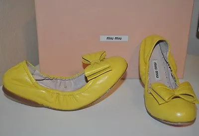 NIB Miu Miu By Prada BOW Ballet Flats Shoes Yellow Leather Scrunch EUR 36 • $258