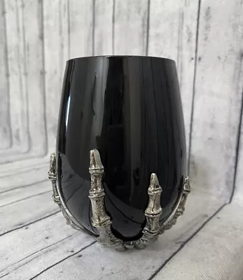 Halloween Stemless Wine Glass Skeleton Hand-black Glass- Silver Metal New! • $19.99