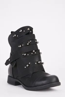 £12.99 • Buy Black Ladies Uk Size 4 Silver Studded Cut Out Chunky Low Heel Biker Ankle Boots