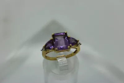 10k Yellow Gold Lab Created Purple Amethyst Diamond Accent Emerald CUT Ring 6 • $169.95