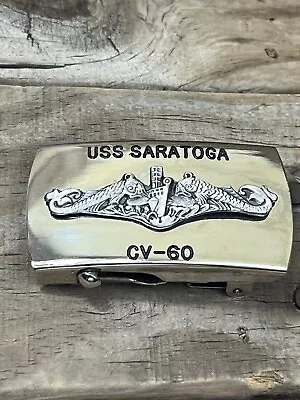 USS Saratoga CV-60 Belt Buckle Stamped Solid Brass Made In USA Embossed Graphics • $29