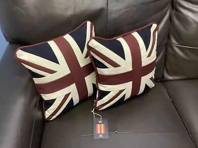 Pair Of Union Jack Tapestry Cushions By Woven Magic ( 12x12 Inch Vintage White) • £37.95