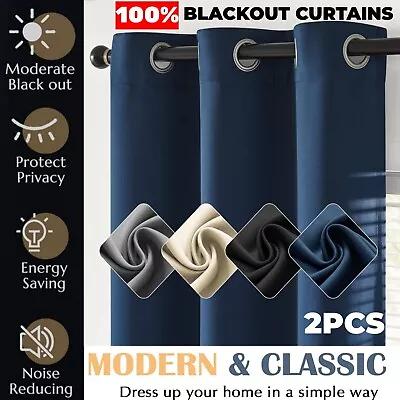 2X Blockout Curtains 100% Blackout Curtains Thermal Fabric Eyelet For Bedroom AU • $43.95