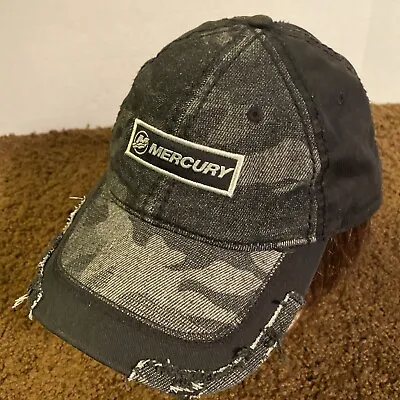 Mercury Marine Distressed Baseball Hat Motors Black Grey Camo Adjustable Cap EUC • $19.39