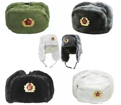 Russian Trapper Hat With Soviet Winter Cap Badge Faux Fur Ushanka Cossack Hat UK • £10.96