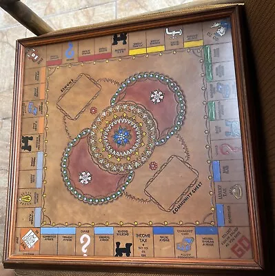Vintage Monopoly Board 70th Year Anniversary Leather Tooled Wood Frame 20”X 20” • $76.99