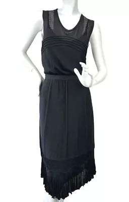 Vintage CHANEL 2PCS Knit Dress 44 12 Black Lace Frill CC Logo Bow Tie 2006 • $999.99