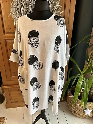 Pure Lino Made In Italy Lovely Spot Balloon Lagenlook Linen Dress Size 18-24 70” • £14