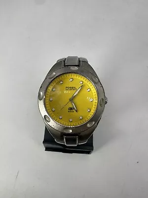 Fossil Blue Watch Men Silver Tone Yellow Dial 100M - AM-3317 Stainless Steel • $15.99