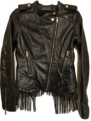 Steve Madden Sz S Fringed Hem Faux Leather Jacket Epaulets/zip Sleeves & Pockets • $39