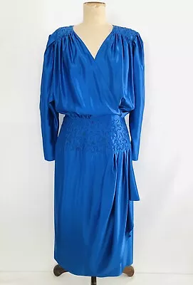 Vintage 80s Blue Dress Size 12 / M? App See Measuremnts Batwing Sleeve Embroider • $49