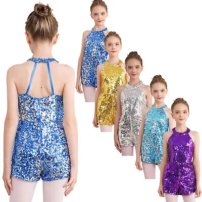 Kids Girls Shiny Sequin Dance Leotard Halter Neck Dancing Costume Jumpsuit  • £6.99