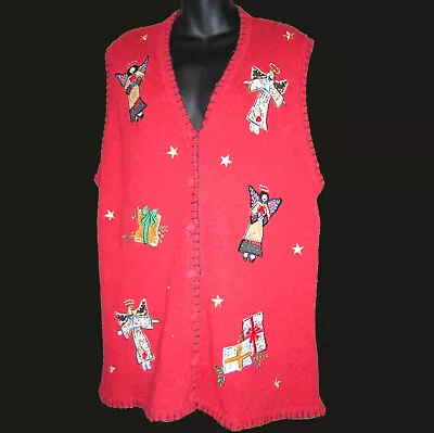 Ugly Christmas Sweater Vest Sz 1X Red Victoria Jones Embroidered Angels Presents • $25.99