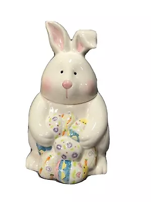 12” Ceramic White Bunny Rabbit W Colored Eggs Cookie Jar  CKAO • $25