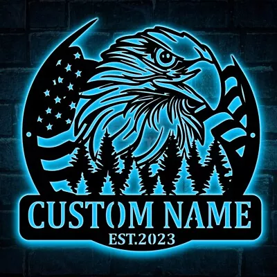 Custom American Flag Eagle Metal Wall Art LED Light Personalized Eagle Sign • $45.99