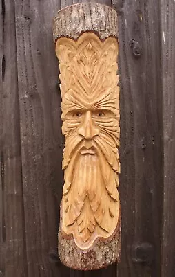 £21.95 • Buy Green Man Wood Log Carving Plaque Wall Hanging Garden Decor Hand Carved 50cm
