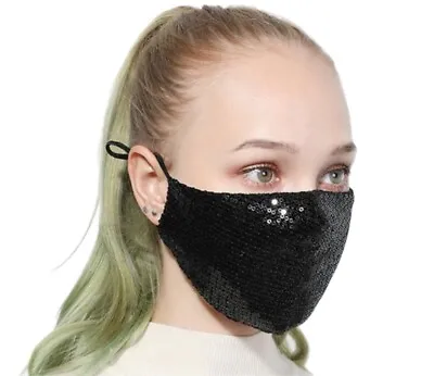 Sequin Glitter Face Mask Fashion Bling Sparkly Washable Face Cover Women Black • $4.59