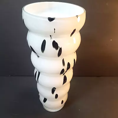 MAKORA Krosno Glass Vase Art Deco Black Spots White 14  Handmade Poland Flaw HTF • $99.97