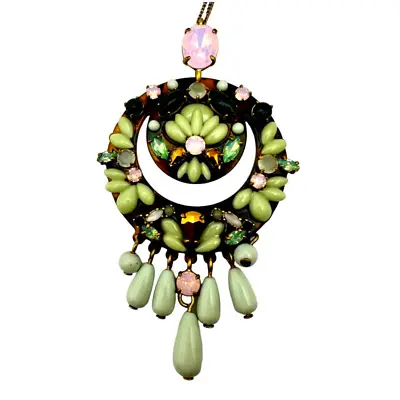 J. Crew NECKLACE PENDANT Mint Green Pink Rhinestones Brown Resin - 30  • $13