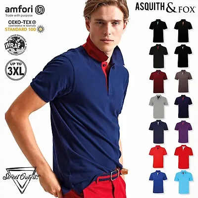 Mens Classic Contrast Polo Shirt Short Sleeve Casual Work Plain Asquith & Fox • £13.64