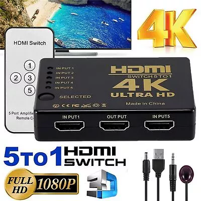 4K HDMI Switch Switcher Selector 5 Port Splitter Hub IR Remote For HDTV PS3 UK • £6.92