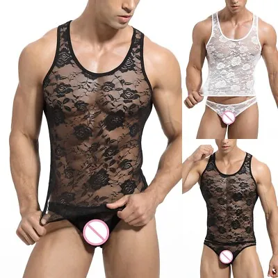 Mens Vest Mesh Gym Vest High Elastic Young Home Lace Muscles M~XL Sexy • £8.02