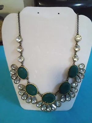 Vintage J. Crew Green Lucite Oval Chunk Stone With Rhinestone Statement Necklace • $14.99