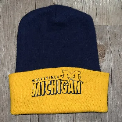 Vintage Michigan Wolverines Football Cuffed Winter Beanie Hat Oversize • $24.95