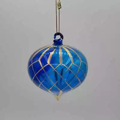 Vintage Blown Blue Glass Bulb With Gold Foiling Christmas Ornament • $13.45