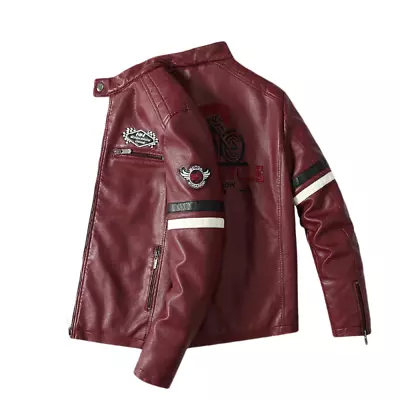 Men Faux Leather Motorcycle Black Single Slim Fit Biker Jacket Layer Jacket Coat • $64.70