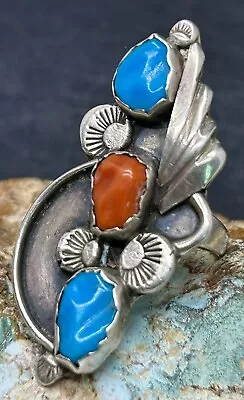 Rare Vintage Zuni Attr. Dan Simplicio Sterling Turquoise & Coral Ring Size 4.75 • $0.99
