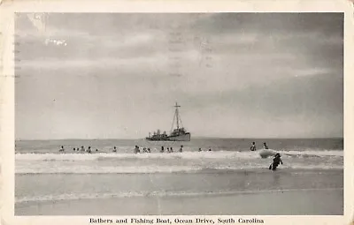 Bathers & Fishing Boat Ocean Drive Myrtle Beach South Carolina SC 1947 Postcard • $12.89