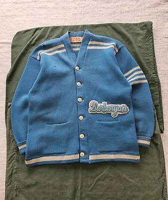 Vintage 1960s Sam Santo Sport Store Blue Wool Varsity Award Cardigan Sweater L • $72.32