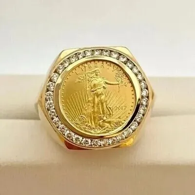 2.00Ct Round Cut Real Moissanite Liberty Coin Men's Ring 14k Yellow Gold Plated • $119.99