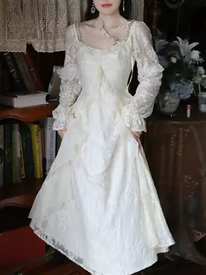 Vintage Elegant Midi Dress Women Flower Sweet Party Dress Lace Long Sleeve Dress • $44.59