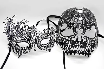 Couples Laser Cut Venetian Black Metal Devil Masquerade Mask Couple Mask Set • $34.99