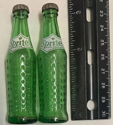 Vintage Sprite Miniature Soda 3  Glass Bottle Lot Of 2 Metal Cap Mini Green • $26