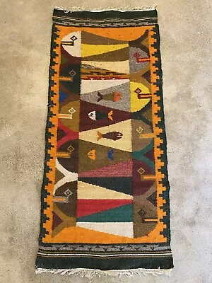 $208.99 • Buy Vintage Zapotec Oaxacan Fringed Wool Rug Fish Stories Rug 37” X 16”