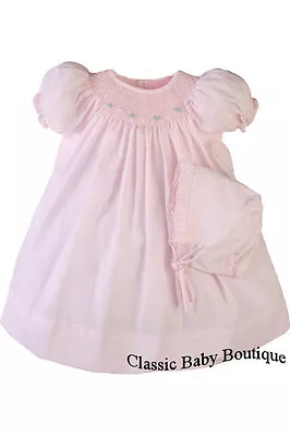 NWT Petit Ami Pink Bishop Smocked PREEMIE Baby Girls Dress Daygown Bonnet 00 • $30.39