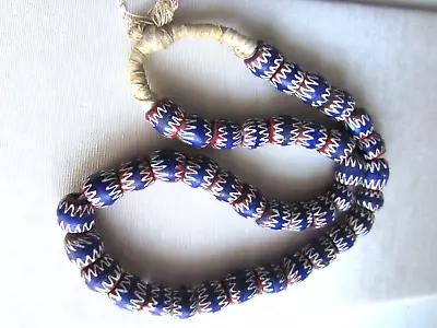 Vintage African Necklace 39 Large Chevron Powder Glass Krobo Beads Ghana  • $24