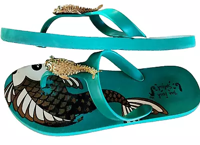 Miss Trish Splash Fish Flip Flops US Size 7 Embellished Green • $36.99